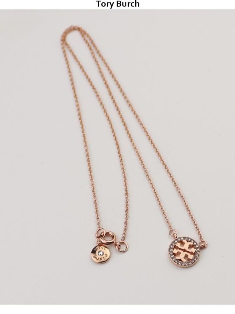 Tory Burch Rose Gold Logo Disc Necklace with Crystal Halo